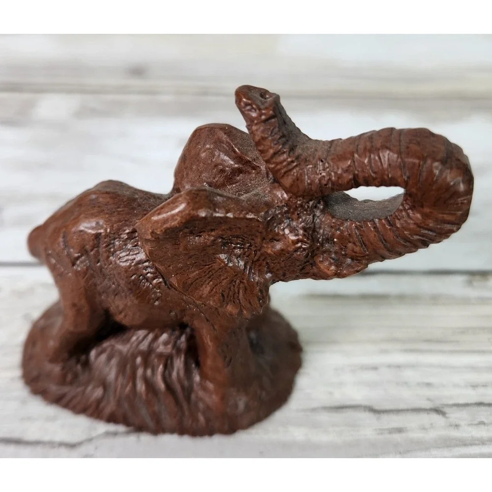 Carved Baby Elephant Raised Trunk‎ Miniature Brown Figurine Statue Safari
